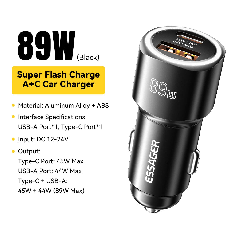 89W USB-C + USB-A Super Fast Car Charger (PD + QC 3.0)