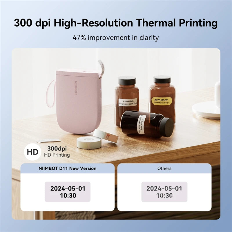 D11 Mini Thermal Label Printer 300DPI, Bluetooth Wireless Inkless Sticker Maker, Portable Label Printer for Android & iOS