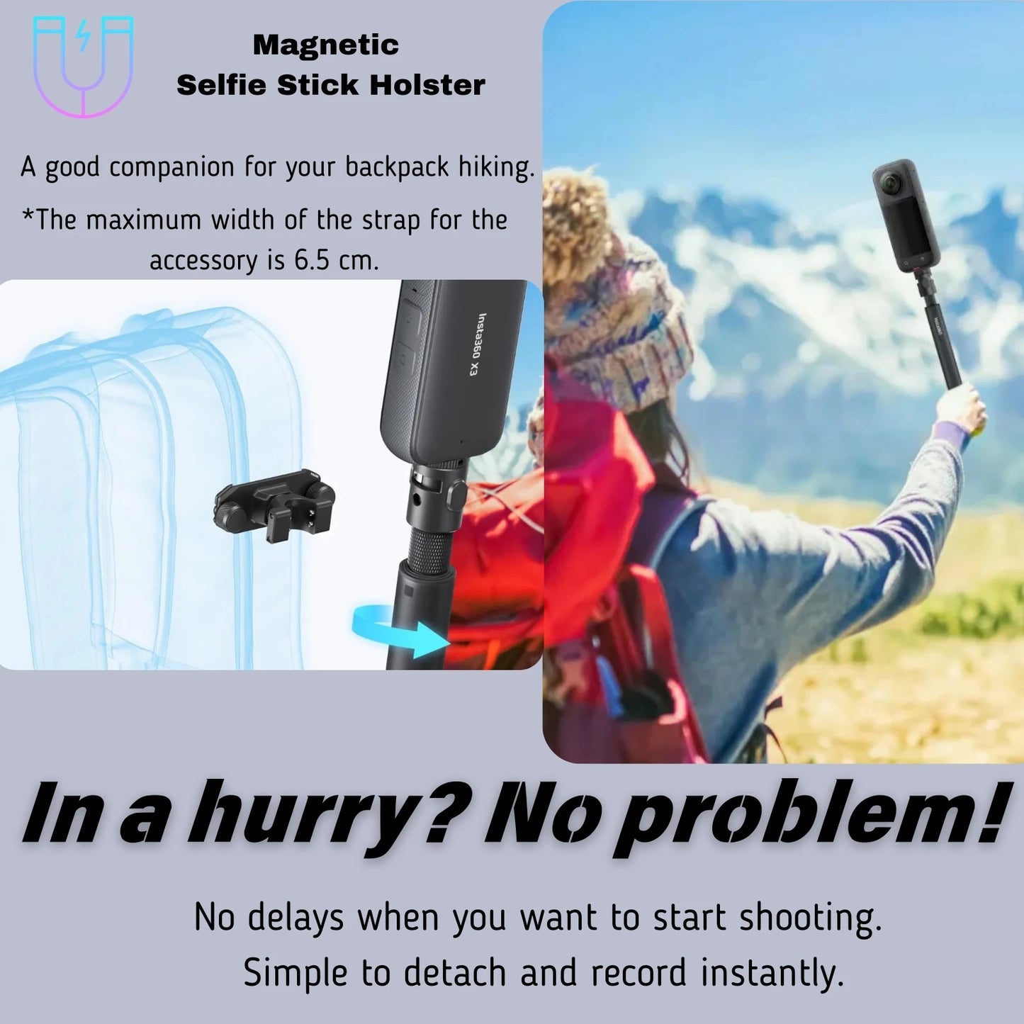 Magnetic Selfie Stick Holster Quick Release Holder for Insta360 Cameras