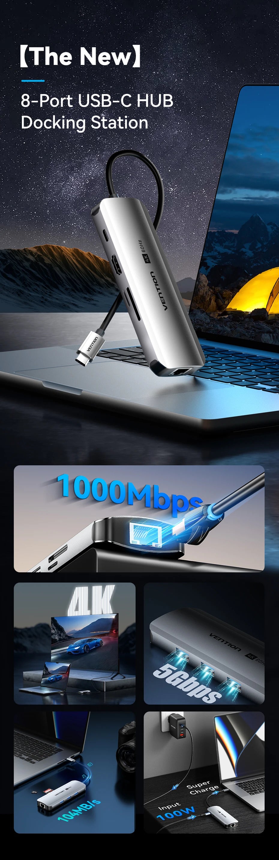 USB C HUB HDMI 4K60Hz RJ45 PD 100W USB Splitter Adapter USB 3.0 HUB For iPhone 15 Macbook Air Pro iPad Samsung Laptop PC