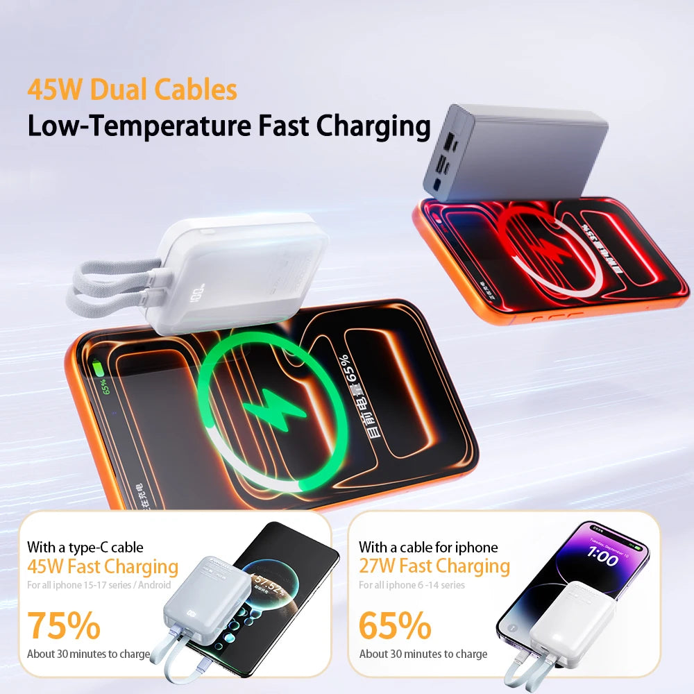 20000mAh Portable Power Bank 45W Type-C Super Fast Charging Built-in Dual Charging Cables for iPhone 17 16 Mobile Phone Xiaomi