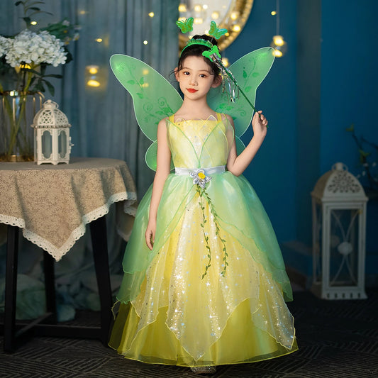 Layered Tulle Fairy Princess Dress Green Yellow Sling Party Costume