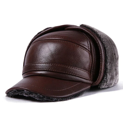 Winter Bomber Hat Men Russian Brown Leather Ushanka Cap With Ear Flaps Fur Warm Genuine Cow Leather Brand Baseball Cap