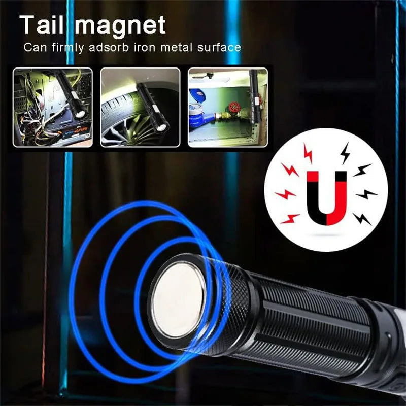 Rechargeable LED Flashlight With Magnetic Base Zoom And Power Display