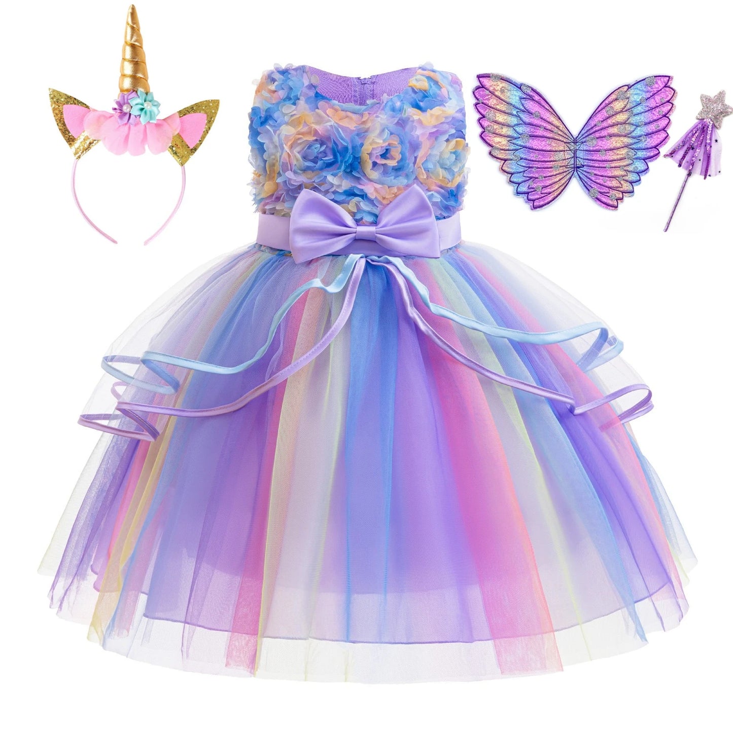 Rainbow Unicorn Princess Dress with Bow and Tulle Skirt Birthday Party Costume