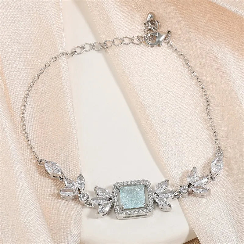 Green Popping Cubic Zirconia Leaf Bracelets for Women Shiny Blue Square Crystal Bangle