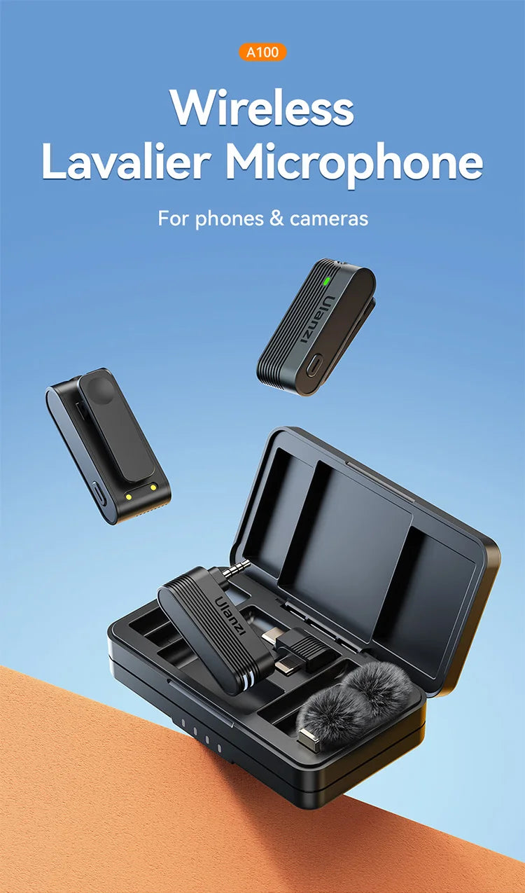 Wireless Lavalier Microphone for iPhone Android Camera Dual Mic with Charging Case