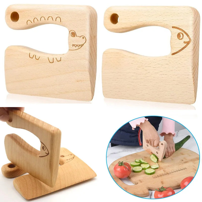 Wooden Kids Knife for Cooking Cute Fish Dinosaur Shape Kitchen Toy Vegetable Fruit Cutter Kitchen Tool Toys Wood Knife for Child