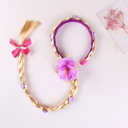 Girls Pink Blue Purple Flower Weaving Braid Headband Kids Princess Dress Up Hair Accessories Aurora Elsa Sofia Rapunzel Wig