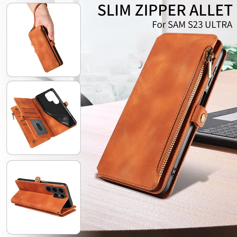 Luxury Leather Flip Wallet Case with Lanyard for Samsung Galaxy S26 / S25 / S24 / S23 Ultra & Plus – Magnetic Full Coverage Phone Bag Cover