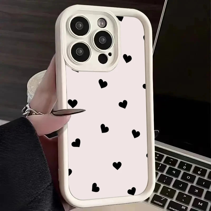 Black Love Heart Soft Matte Phone Case For iPhone 17 Air 14 Pro 16E Plus Cover For iPhone 15 16 17 Pro Max Cases