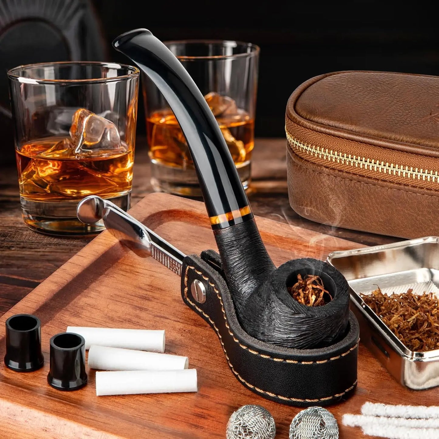 Pipe Set with PU Leather Pouch, Wood Pipe with 4-in-1 Pipe Stand Holder and Pipe Accessories, Beginner Pipe Kit