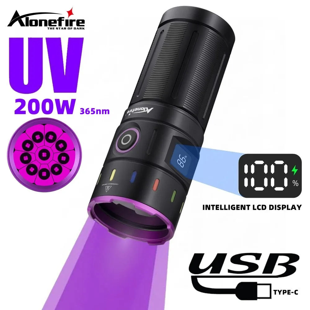200W 365nm UV Blacklight Rechargeable Flashlight