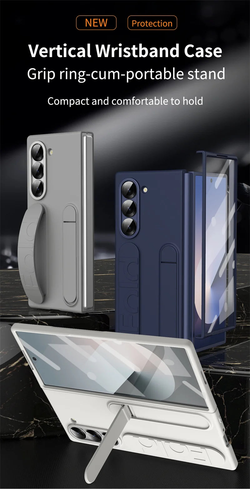 Wristband Foldable Stand Funda for Samsung Galaxy Z Fold 6 4 5 3 Fold5 5G Case Front Glass Lens Protection PC Plastic Cover Capa