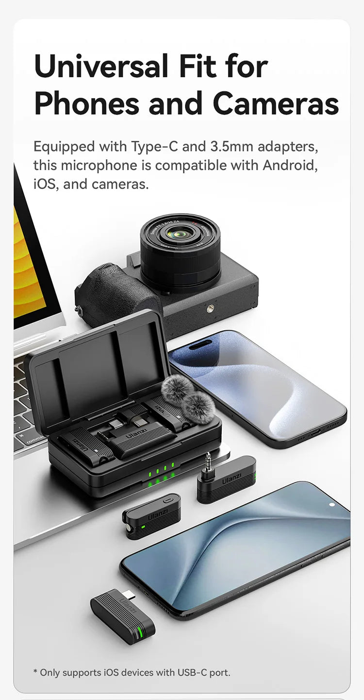 Wireless Lavalier Microphone for iPhone Android Camera Dual Mic with Charging Case
