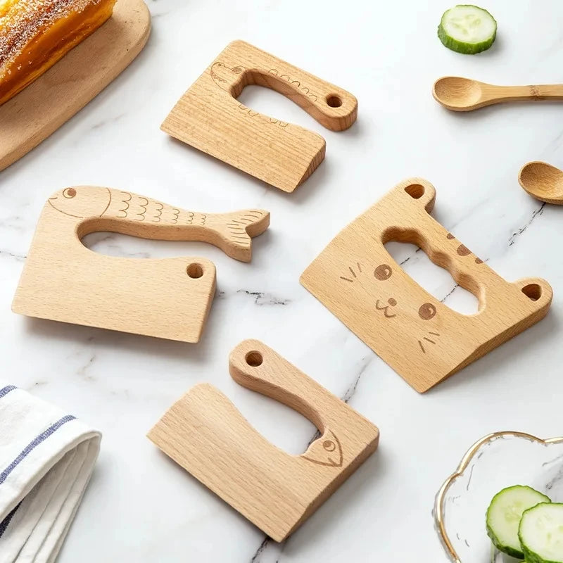 Wooden Kids Knife for Cooking Cute Fish Dinosaur Shape Kitchen Toy Vegetable Fruit Cutter Kitchen Tool Toys Wood Knife for Child