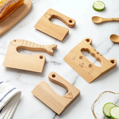 Wooden Kids Knife for Cooking Cute Fish Dinosaur Shape Kitchen Toy Vegetable Fruit Cutter Kitchen Tool Toys Wood Knife for Child