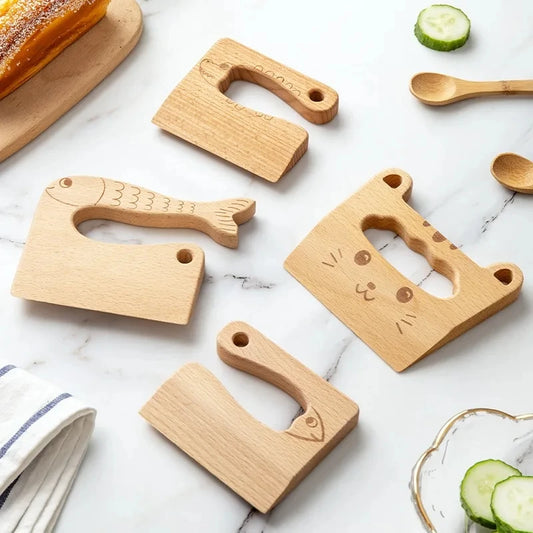 Wooden Knife for Cooking Cute Fish Dinosaur Shape Kitchen Toy Vegetable Fruit Cutter Kitchen Tool Toys Wood Knife for