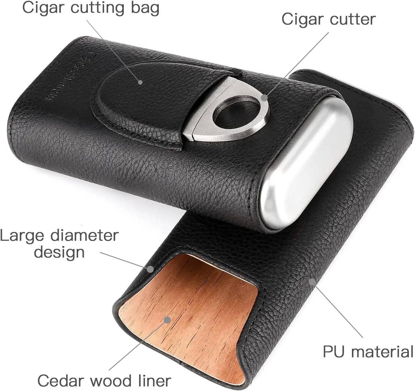 Leather Cigar Case, Cedar Wood Lining Travel Humidors for Cigars, Cigar Accessories Include Stainless Steel Cigar Cutter