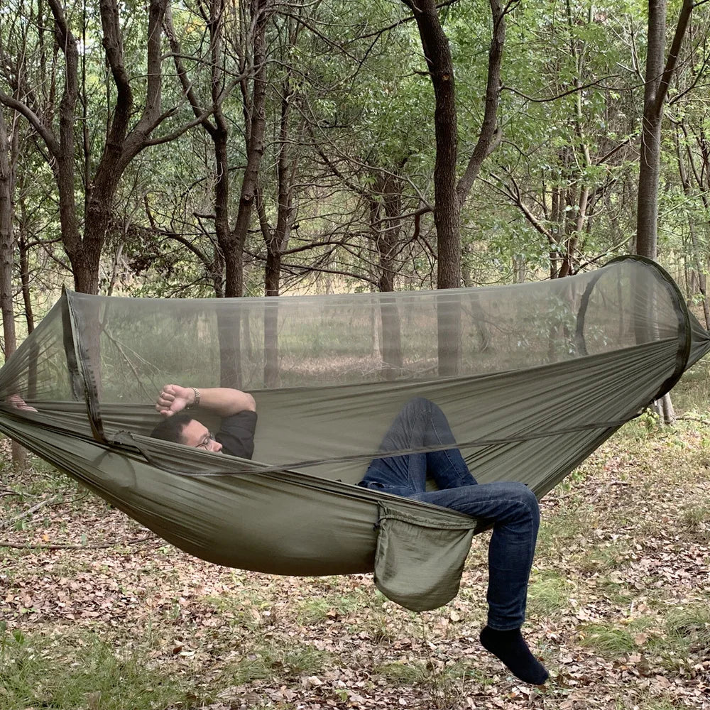 Large Camping Hammock with Mosquito Net Pop-up Parachute Lightweight Hanging Hammocks Tree Straps Swing Hammock