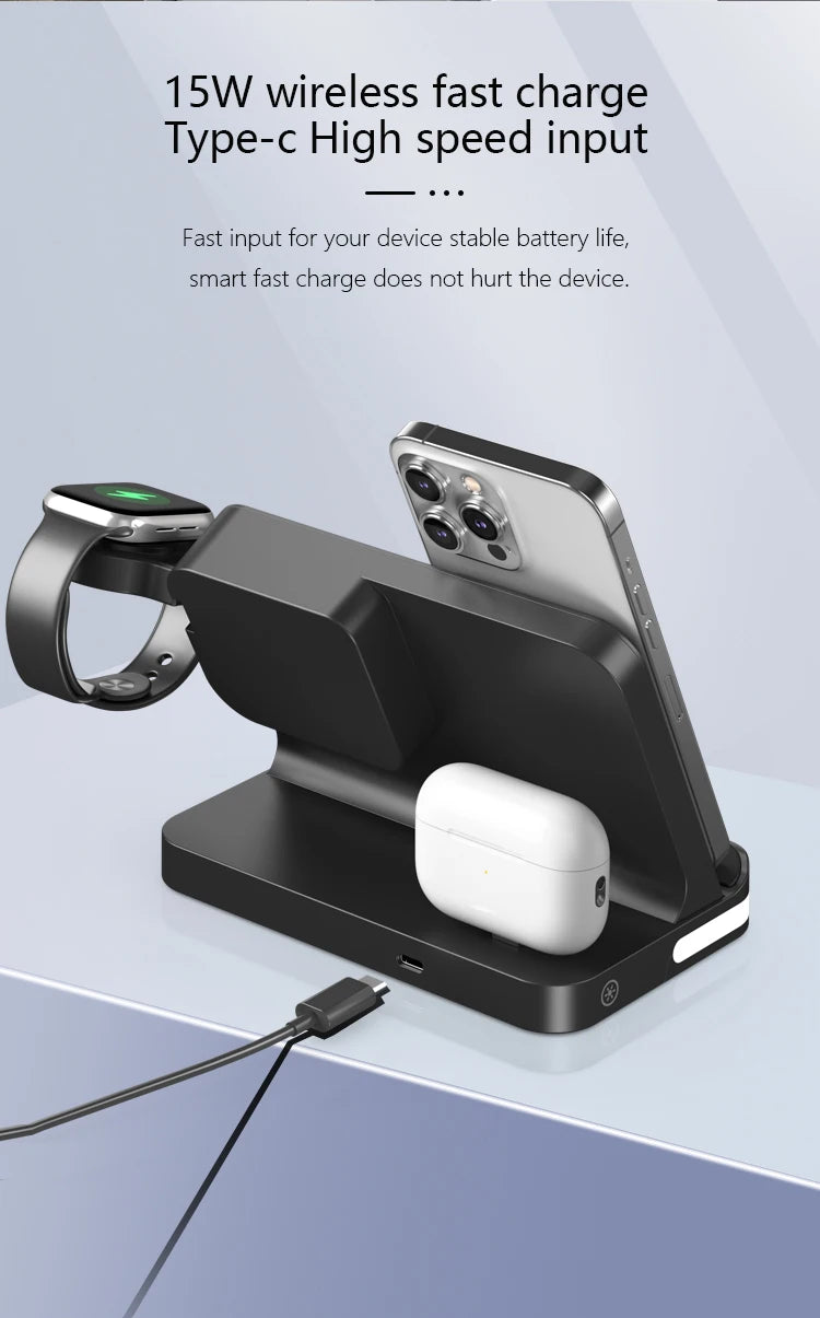 Clock, desktop, mobile phone, headphones, watch, wireless charger, both entertainment and charging not wrong