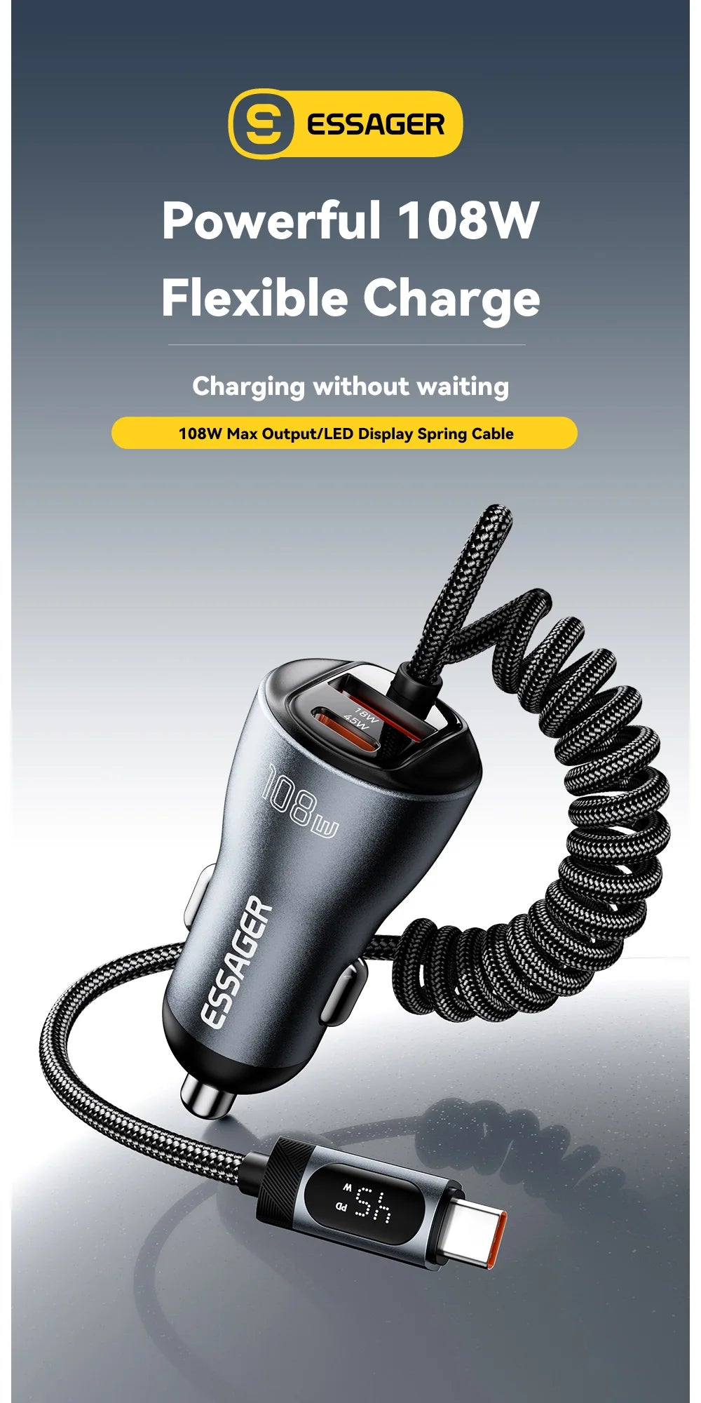 108W Car Charger PD Fast Charging 2 USB C + USB A with Digital Display Spring Cable