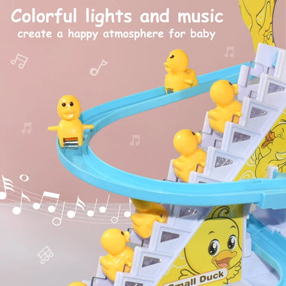 Kids Electric Small Duck Climbing Stairs Toy DIY Rail Racing Track Music Roller Coaster Duck Toy For Baby Kids Gift