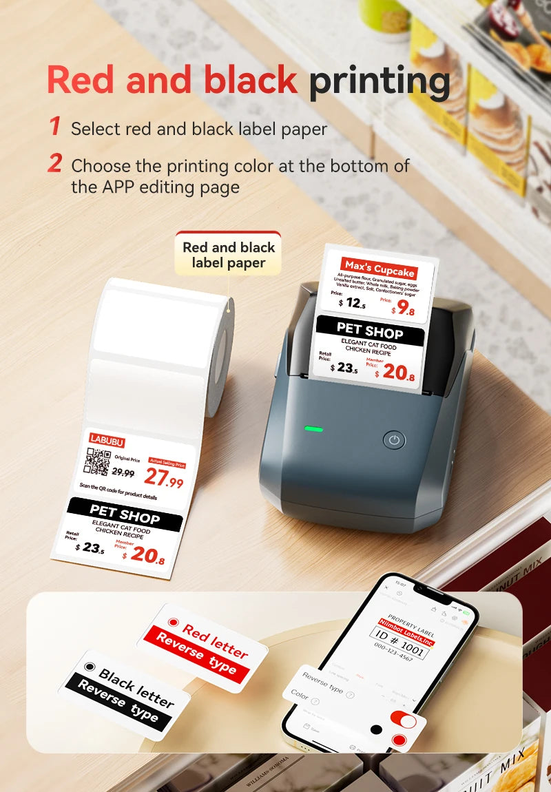 B1 Pro Thermal Label Printer 300DPI, Bluetooth Wireless Inkless Sticker Maker 20–50mm, Red & Black Label Printer for Home & Business