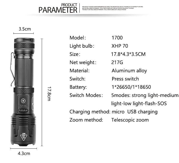 High Power Tactical Flashlight Rechargeable Zoom LED Torch with 5 Charging Modes Pen Clip