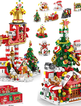 DIY 8in1 Lights Christmas Elk Deer Santa Claus Train Architecture Store Street View Xmas Tree Snow House Building Block Kit Toy