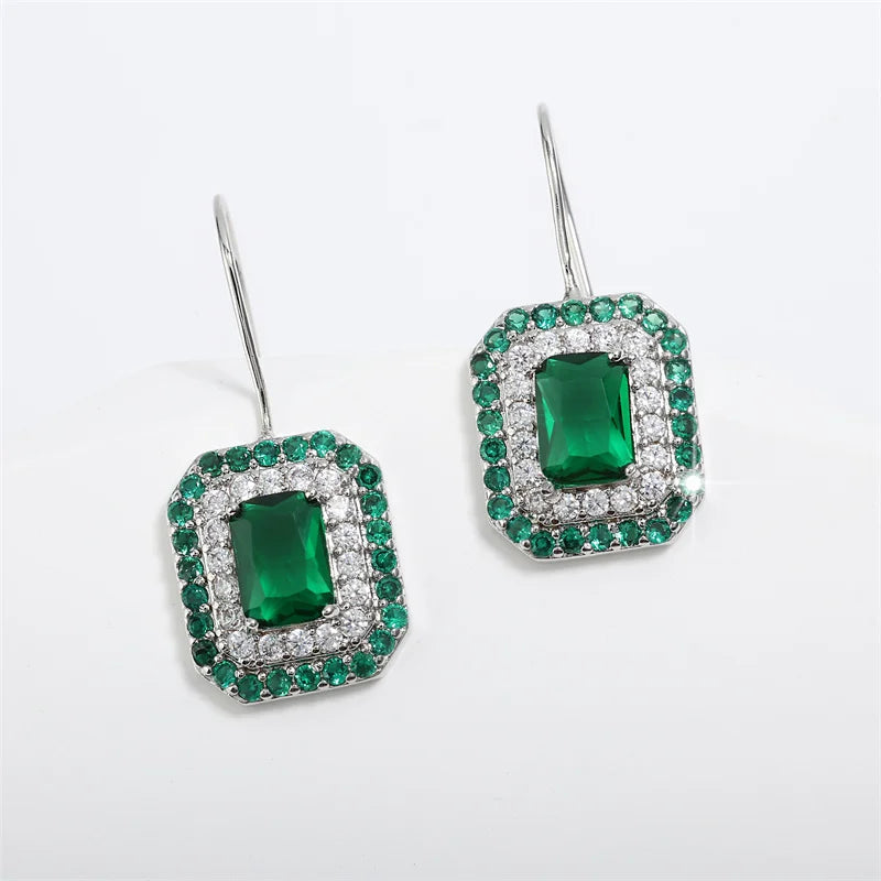 Square Green Zirconia Hook Earrings for Women Simple Geometric Rectangle CZ Earring