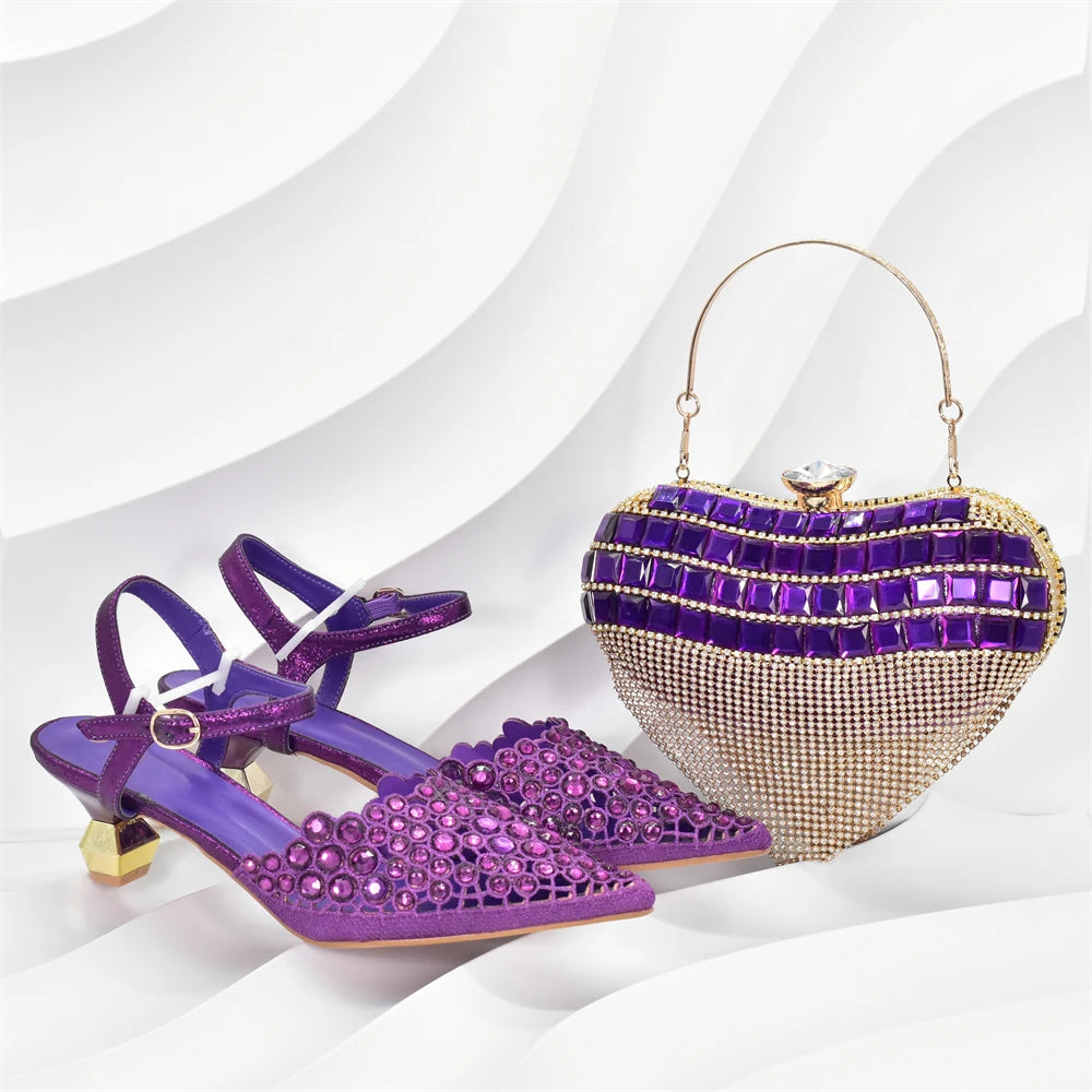 Italian Shoes and Bags Matching Set Rhinestones African Pointed Toe Women High Heel Evening Party Pumps Wedding Shoes Bride
