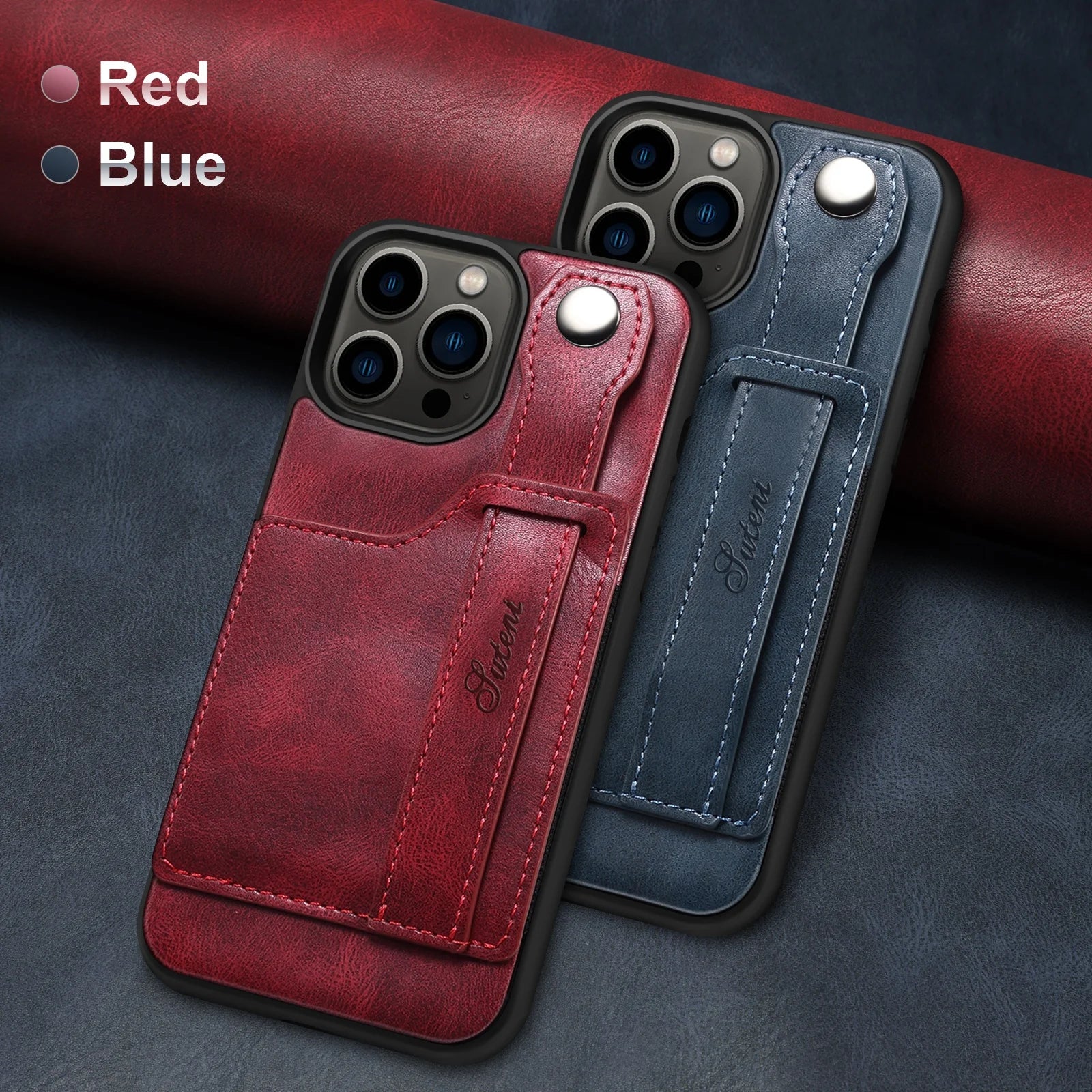 Luxury Leather Phone Case for iPhone 15 Pro Max 14 Plus 15Pro with Card Slot & Wrist Strap Holder Back Cover