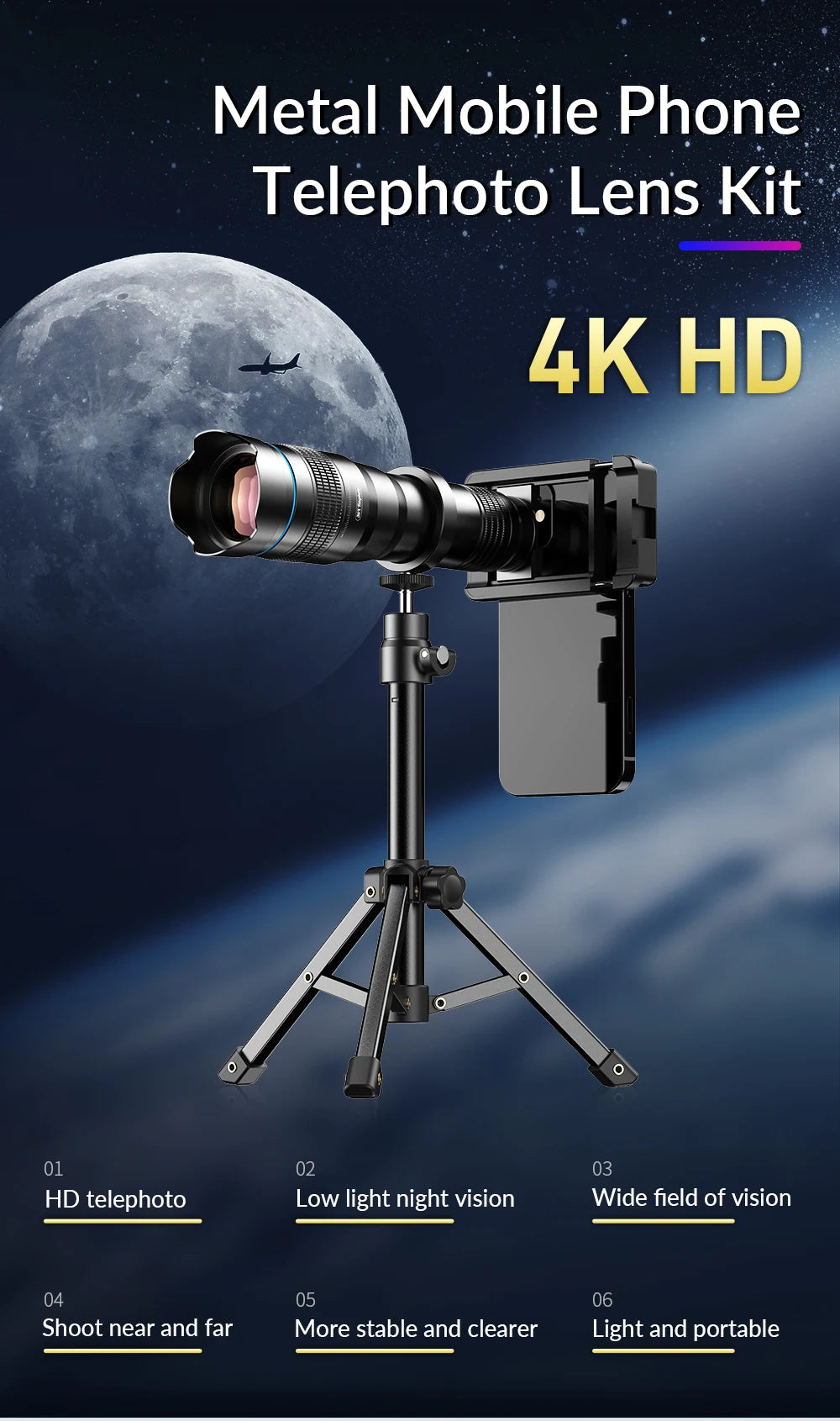 36X Smartphone Telephoto Lens with Tripod and Universal Clip