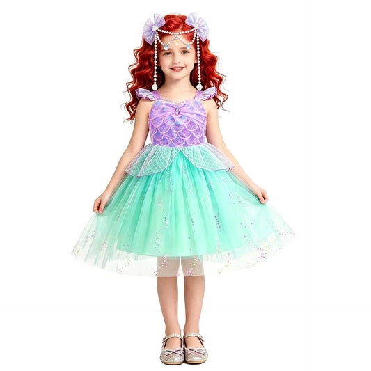 Sparkle Mermaid Princess Dress with Flutter Sleeves Sequin Tulle Party Costume
