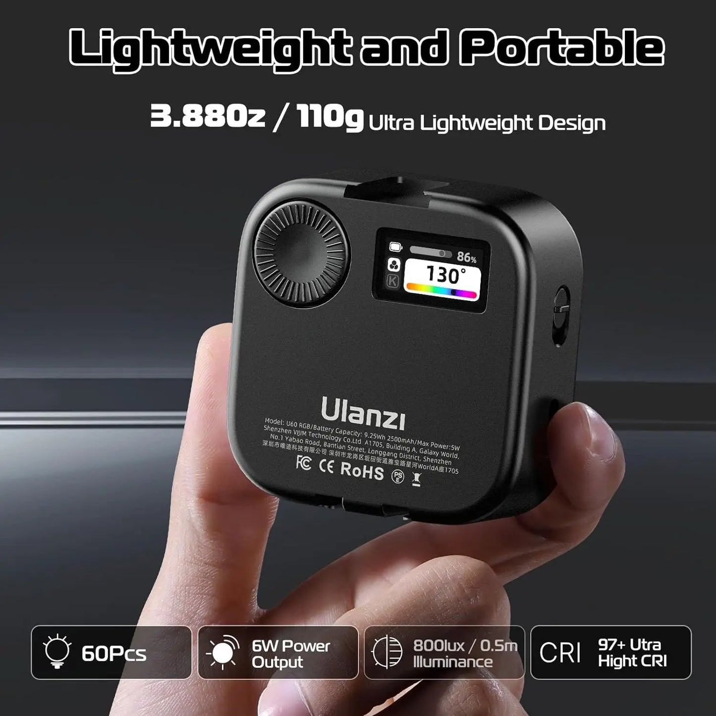 U60 Mini Pocket LED Video Lamp – RGB 2500-9000K Rechargeable Photography Light with LCD Screen & Cold Shoe Mount
