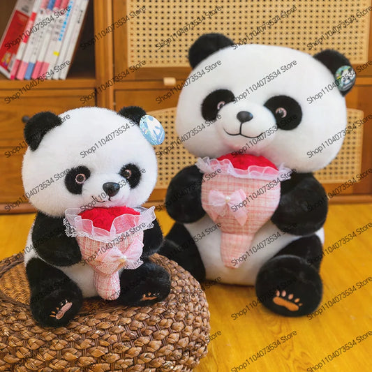 Kawaii Panda Plush Toy with Flower Bouquet Soft Stuffed Doll