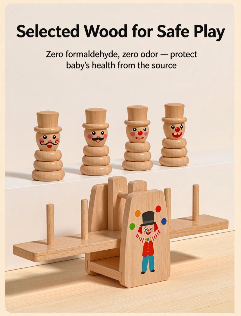 Wooden Clown Balance Scale and Stacking Rings Educational Toy