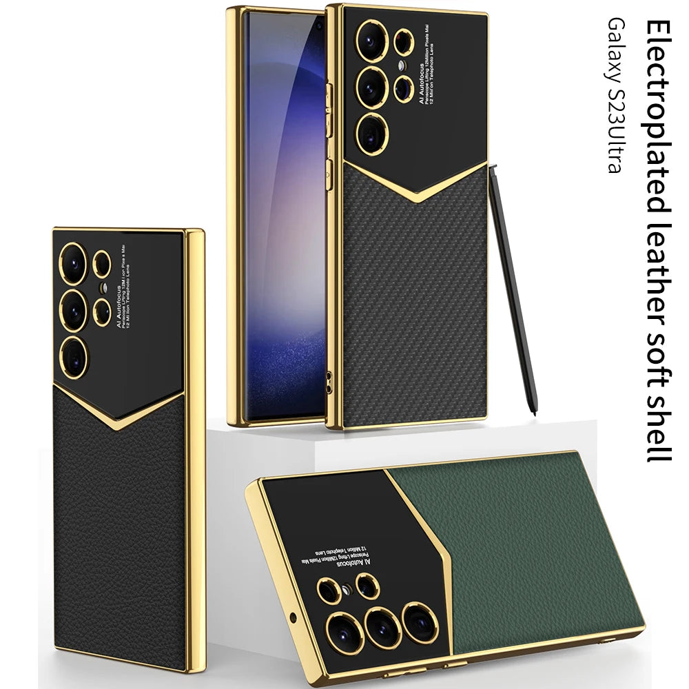 Electroplated Leather Shockproof Case for Samsung Galaxy S26 / S25 / S24 Ultra – Full Coverage Soft Silicone Protective Back Cover with Card Holder