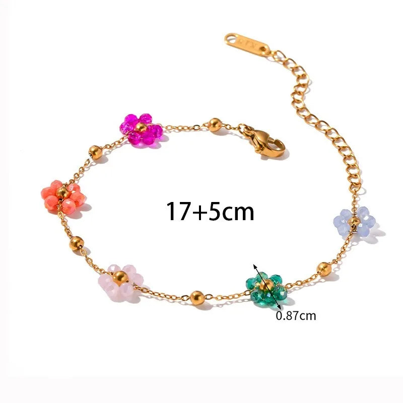 Exquisite Colorful Flower Chain Necklace Bracelet Set For Women Gold Plated Titanium Steel Daisy Choker Necklace