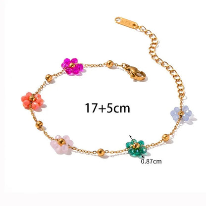 Exquisite Colorful Flower Chain Necklace Bracelet Set For Women Gold Plated Titanium Steel Daisy Choker Necklace