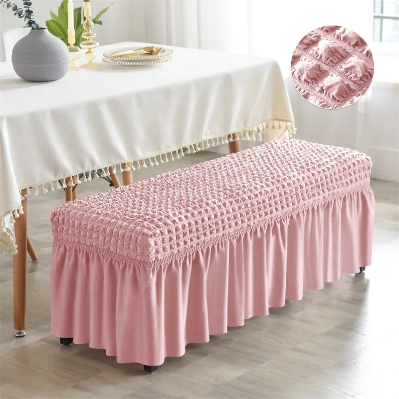 Stretch Long Bench Cover with Skirt Seersucker Ottoman Covers Elastic Piano Stool Protector Bedroom Bedside Footrest Slipcovers