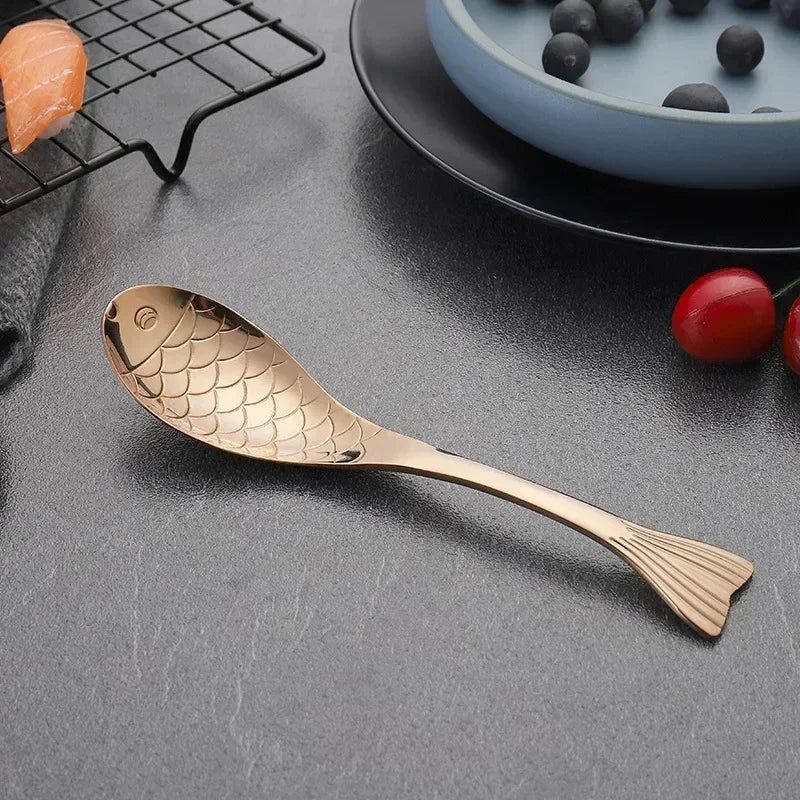 Cute Fish-Shaped Stainless Steel Soup Spoon, Food Grade Cutlery for Ice Cream Desserts, Creative Mermaid Spoon Kitchen Tableware