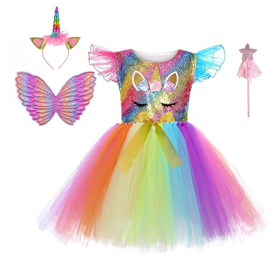 Unicorn Princess Tutu Dress with Flutter Sleeves and Sequin Tulle