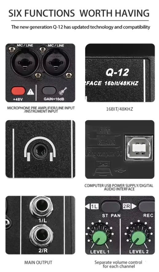 2 Channel USB Audio Interface Mixer With 48V Phantom Power For Recording Studio