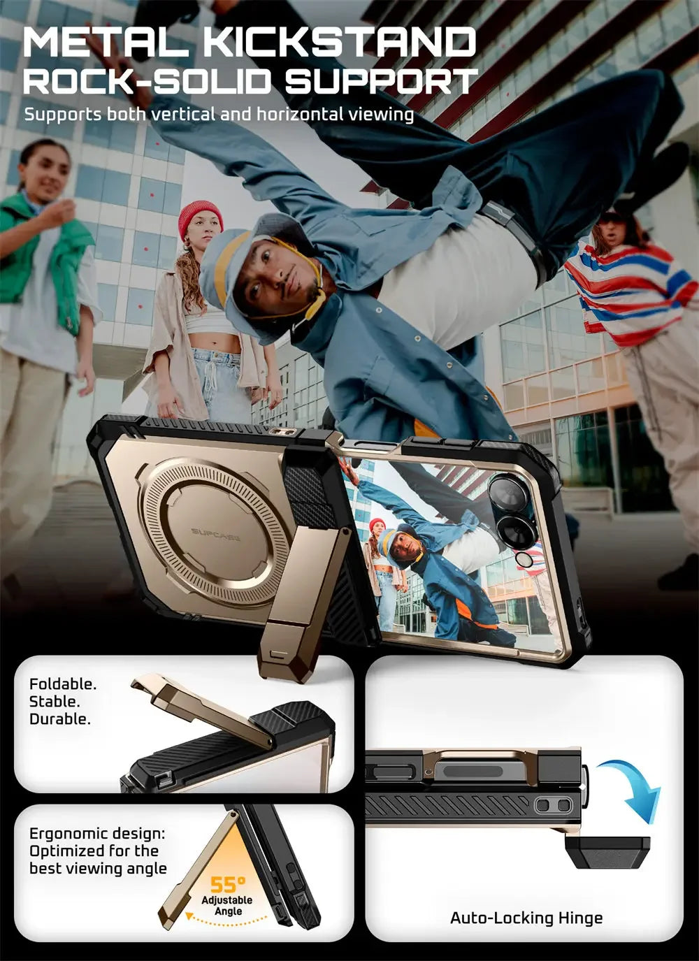 For Samsung Galaxy Z Flip 7 Case UB Grip Military-Grade Rugged Back Phone Case with Stand & Front Screen Protector