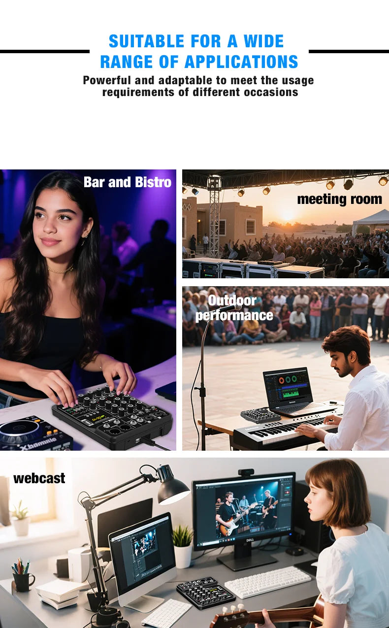 4-Channel Mixing Console Bluetooth Audio Mixer 48V Professional USB Computer Karaoke