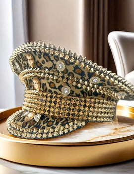 Leopard Print Festival Captain Hat Rhinestone Unisex Wedding Military Cap Steampunk Sergeant Hat Music Bride Masquerade Headwear