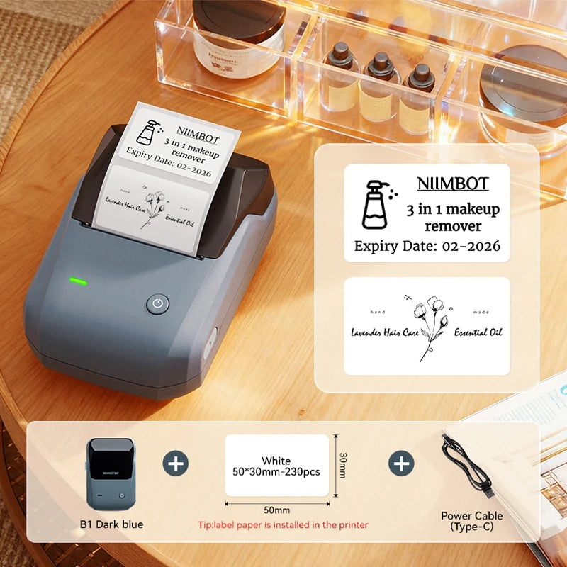B1 Thermal Label Printer, Bluetooth Portable Sticker Maker 20–50mm, Inkless Barcode Price Tag Label Machine for Business & Food