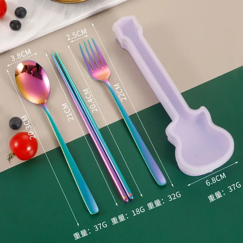 2/3Pcs Cutlery Set Fork Spoon Chopsticks Dinnerware Set 304 Stainless Steel Portable Travel Flatware Guitar Box